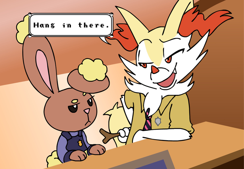 3_fingers anthro badge black_eyes braixen brown_fur bulletproof_vest buneary canine clothed clothing cosplay crossover dialogue disney duo english_text fangs frown fur holding_object inner_ear_fluff judy_hopps kirbopher lagomorph long_ears looking_at_another mammal necktie nick_wilde nintendo open_mouth open_smile parody pok&eacute;mon shirt smile stick text video_games white_fur yellow_fur zootopia