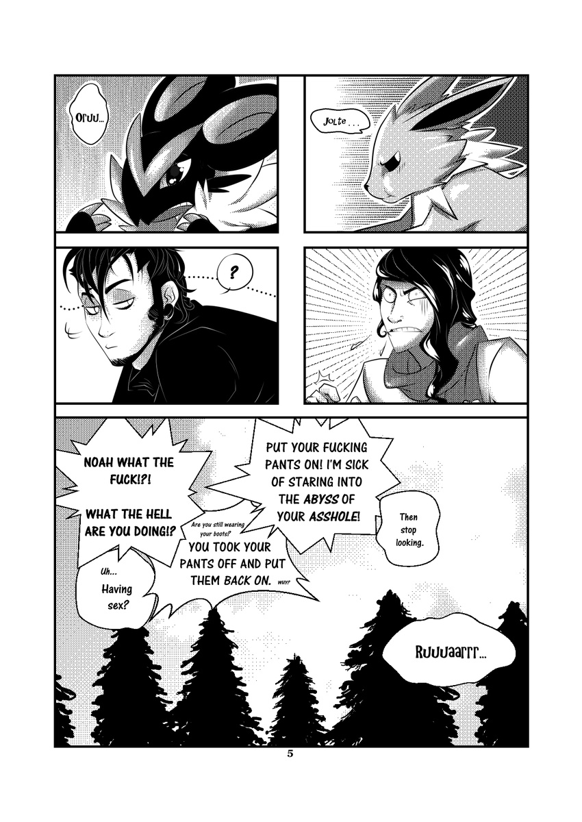 adventures_of_a_pokephile bestiality comic eeveelution english_text feral greyscale group hi_res human human_on_feral interspecies jolly-jak jolteon kelpy_(character) male mammal monochrome nintendo noivern outside pok&eacute;mon text video_games