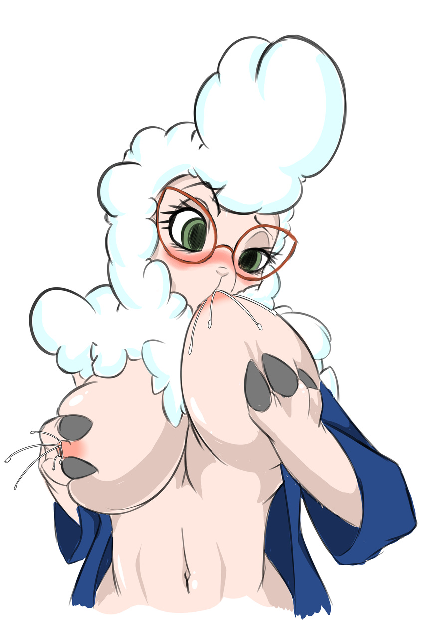 anthro areola big_breasts blush breast_fondling breasts caprine clothed clothing dawn_bellwether disney eyewear female fondling glasses half-closed_eyes hand_on_breast hi_res lactating mammal navel nipple_suck nipples open_shirt self_suckle sheep simple_background solo sucking thetroon white_background zootopia