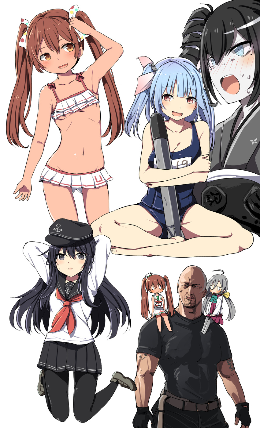 5girls :d absurdres ahoge akatsuki_(kantai_collection) ancient_destroyer_oni aqua_neckwear bikini black_eyes black_gloves black_hair black_hat black_legwear black_pants black_sailor_collar black_shirt black_skirt blue_eyes blue_hair blush bow bowtie brown_eyes brown_hair character_request dress drill_hair fang flat_cap frilled_bikini frills gloves grey_footwear grey_hair grey_kimono grey_legwear hair_between_eyes hat highres i-19_(kantai_collection) japanese_clothes kantai_collection kimono kiyoshimo_(kantai_collection) libeccio_(kantai_collection) long_hair long_sleeves mole mole_under_eye multiple_girls name_tag neckerchief nose_blush open_mouth pants pantyhose pleated_skirt purple_dress red_eyes red_neckwear sailor_collar sailor_dress school_swimsuit school_uniform serafuku shinkaisei-kan shirt shoes short_sleeves side_drill simple_background skirt sleeveless sleeveless_dress smile sweatdrop swimsuit teeth tonari_(ichinichime_azuma) tri_tails twintails white_background white_bikini white_dress white_sailor_collar white_shirt