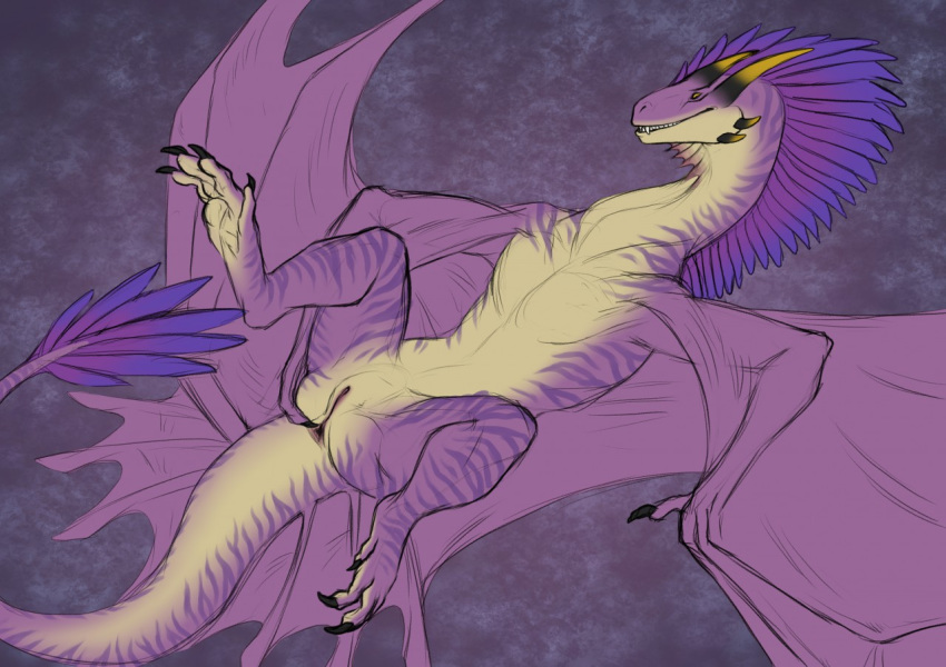 2018 ambiguous_gender animal_genitalia cloaca dragon feathers feral horn lying membranous_wings on_back open_mouth purple_feathers purple_skin scalie solo spreading tail_feathers vertical_cloaca white_skin wings wyvern yaroul