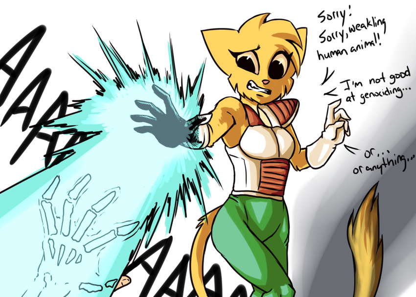 2014 anthro armor bone cat cheek_tuft clothed clothing crossover death dialogue dragon_ball dragon_ball_z english_text feline female focus fur human katia_managan khajiit laser mammal plagueofgripes prequel solo text the_elder_scrolls tuft video_games webcomic yellow_fur yellow_tail