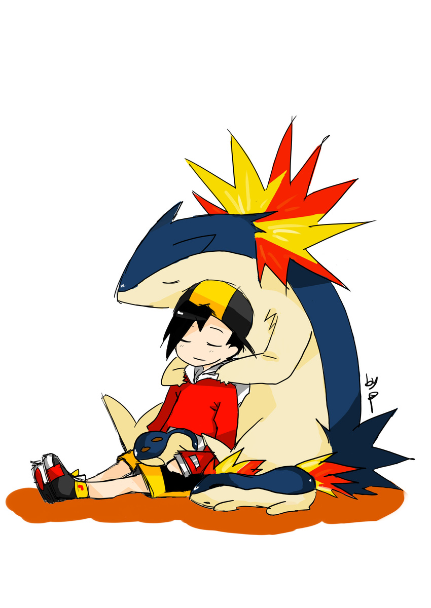 artist_request cyndaquil eyes_closed gold_(pokemon) hat pokemon pokemon_(game) pokemon_gsc quilava typhlosion