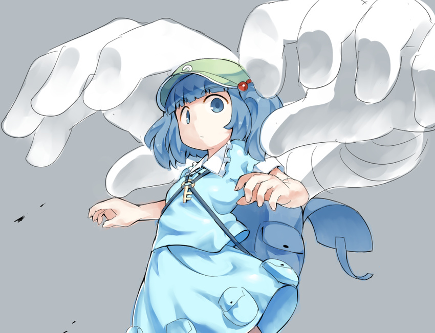 backpack bag bangs blue_eyes blue_hair blunt_bangs dress grey_background hair_bobbles hair_ornament hat kawashiro_nitori key looking_at_viewer mechanical_arms monosenbei multiple_arms shirt short_sleeves simple_background skirt skirt_set solo touhou twintails two_side_up