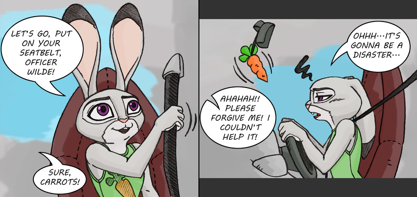 2016 4_fingers annoyed anthro buckteeth clothed clothing comic dialogue dipstick_ears disney english_text female fur grey_fur judy_hopps lagomorph laugh mammal nightmoonrising_(artist) offscreen_character purple_eyes rabbit rearview_mirror seatbelt solo speech_bubble steering_wheel teasing teeth text zootopia