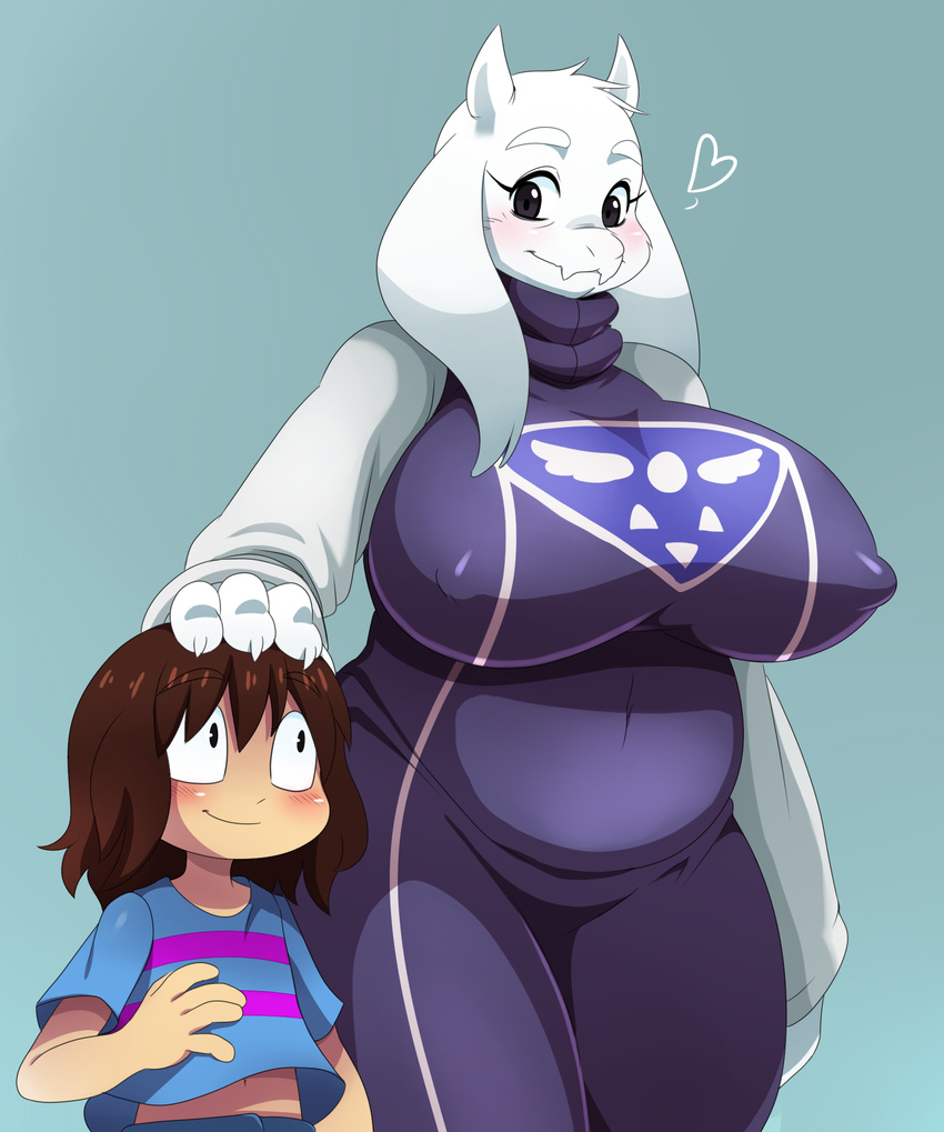 &lt;3 2015 age_difference ambiguous_gender anthro big_breasts blush boss_monster breasts brown_hair caprine clothing duo fangs female fur goat hair hi_res horn huge_breasts human larger_female long_ears mammal nipple_bulge older_female protagonist_(undertale) robe size_difference smaller_ambiguous smile sssonic2 toriel undertale video_games white_fur young younger_ambiguous