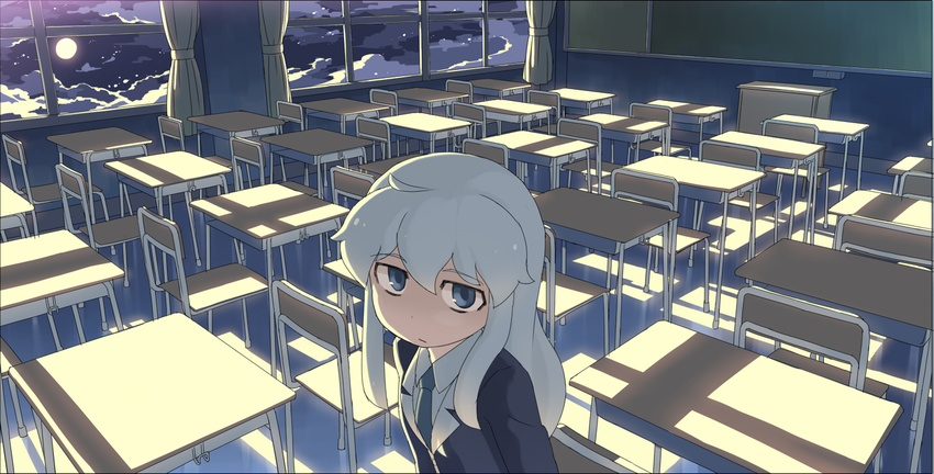 blue_eyes blue_neckwear chair chalkboard classroom cloud cloudy_sky desk eyebrows_visible_through_hair indoors long_hair looking_at_viewer monosenbei moon nahata_sana_(monosenbei) necktie night night_sky original school_chair school_desk silver_hair sky solo window