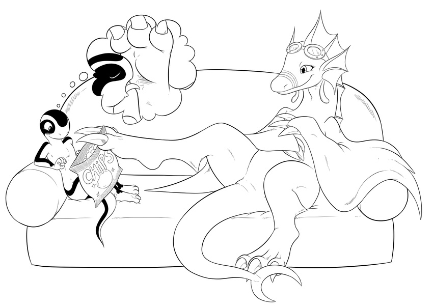 adine_(awsw) ambiguous_gender anthro anthro_on_feral bestiality chips_(food) dragon embarrassed eyewear feral food foot_fetish foot_lick goggles licking monochrome sitting size_difference smile sofa sparky_the_chu talons thought_bubble tongue tongue_out wyvern