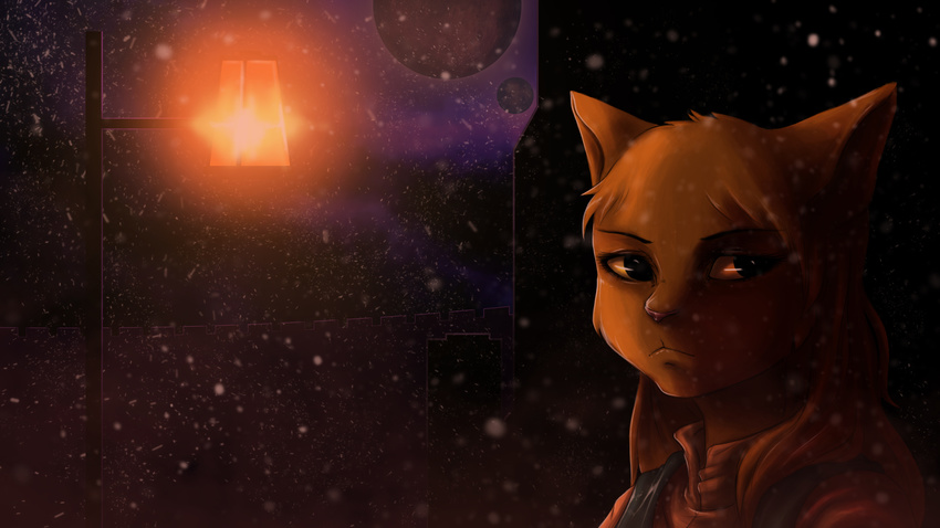 16:9 2015 anthro cat clothed clothing feline female full_moon fur khajiit lantern looking_at_viewer mammal moon multiple_moons night plagueofgripes prequel rajirra snow solo the_elder_scrolls video_games webcomic yellow_fur