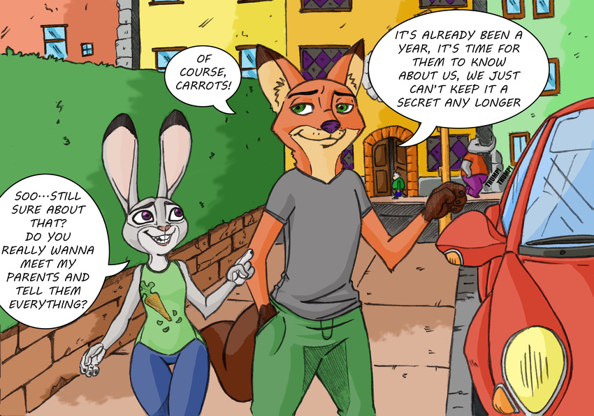 2016 anthro buckteeth bush_(disambiguation) canine car clothed clothing comic detailed_background dialogue digital_media_(artwork) dipstick_ears disney duo english_text female fox fur gloves_(marking) green_eyes grey_fur grin inner_ear_fluff judy_hopps lagomorph male mammal markings nervous nervous_grin nick_wilde nightmoonrising_(artist) orange_fur purple_eyes rabbit rhinoceros smile speech_bubble teeth text vehicle zootopia