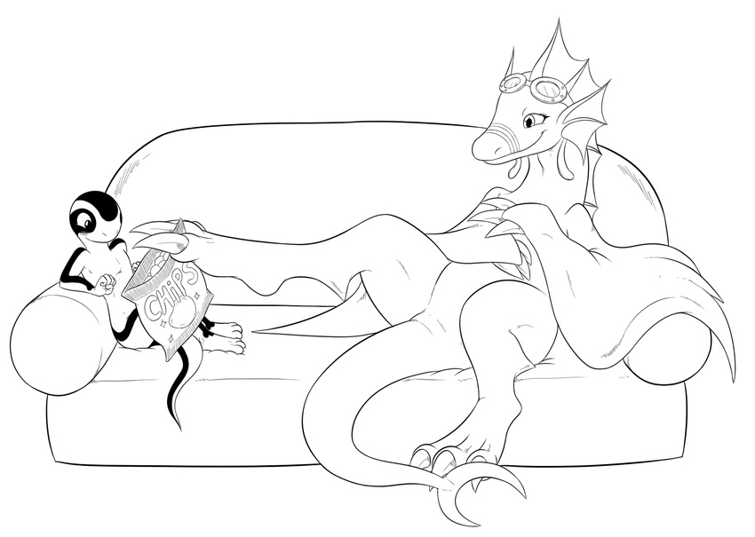 adine_(awsw) ambiguous_gender anthro chips_(food) dragon embarrassed eyewear feral food goggles monochrome sitting size_difference smile sofa sparky_the_chu talons wyvern