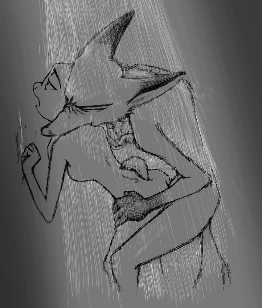 2016 anthro bite breasts canine disney duo ear_grab ear_pull female fox from_behind_position greyscale hi_res judy_hopps lagomorph looking_pleasured male male/female mammal monochrome neck_bite nick_wilde nude predator/prey rabbit sex shower simple_background thewyvernsweaver water wet zootopia