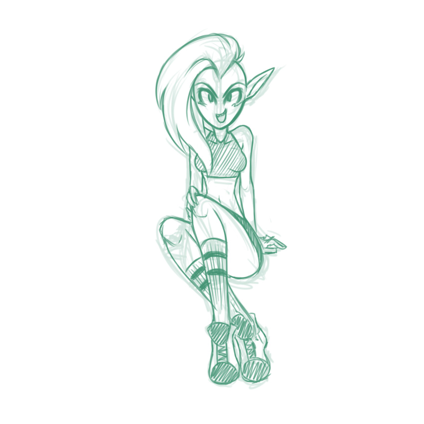 2016 alien breasts clothed clothing female footwear green_and_white hi_res humanoid knee_socks legwear looking_at_viewer lord_dominator midriff monochrome navel noseless not_furry open_mouth plagueofgripes pointy_ears shoes simple_background sitting sketch small_breasts smile socks solo wander_over_yonder white_background