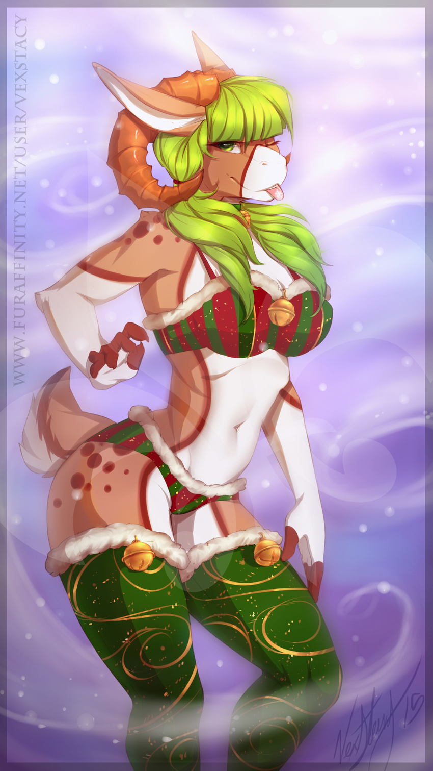 anthro bra breasts cervine clothed clothing deer female hi_res horn looking_at_viewer mammal navel one_eye_closed panties skimpy smile solo tongue tongue_out underwear vexstacy