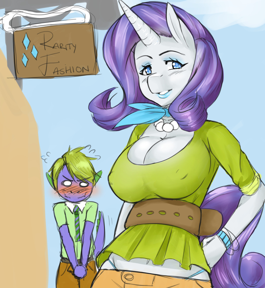 2015 anthro anthrofied big_breasts blue_eyes breasts cleavage clothed clothing dragon duo english_text equine eyebrows eyelashes eyeshadow female friendship_is_magic green_hair hair hand_on_hip hi_res horn jewelry lipstick looking_at_viewer makeup male mammal my_little_pony necklace nipple_bulge outside rarity_(mlp) rirouku scalie sign spike_(mlp) text unicorn