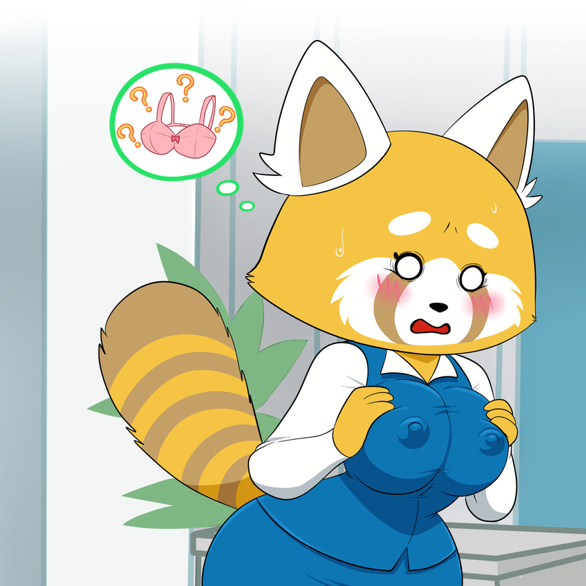 2017 aggressive_retsuko anthro areola blush braless breasts brown_fur clothed clothing female fur lonbluewolf mammal multicolored_fur nipples open_mouth orange_fur red_panda retsuko solo white_fur