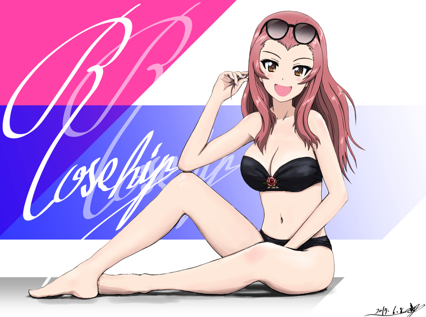 :d bikini blush breasts brown_eyes bukkuri character_name cleavage commentary_request girls_und_panzer legs long_hair medium_breasts navel open_mouth pink_hair rosehip smile solo swimsuit thighs
