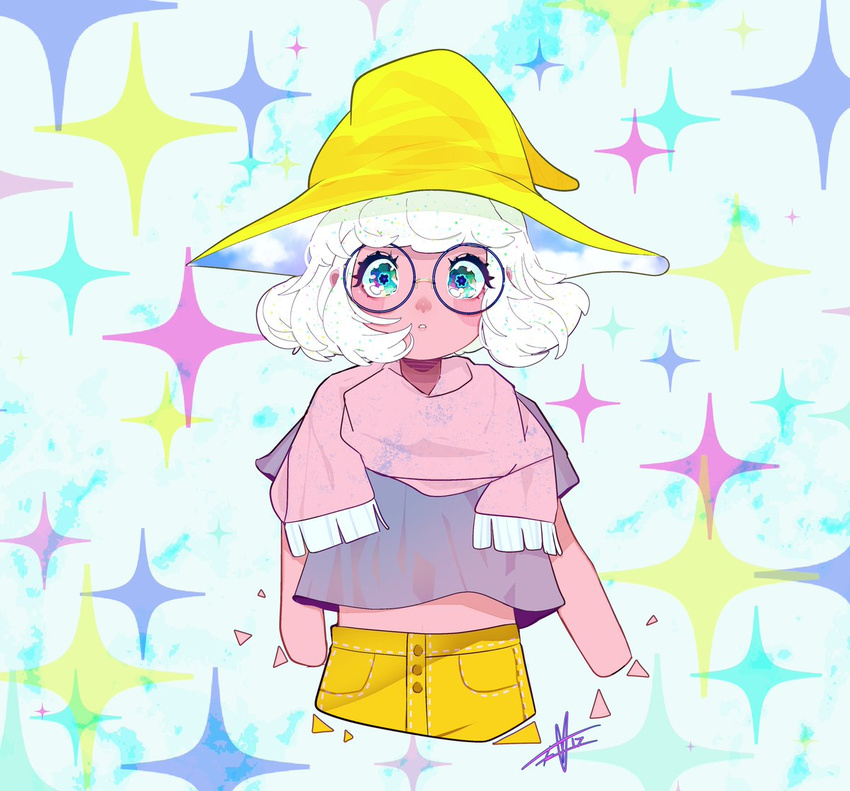 1girl aqua_eyes cowboy_shot glasses hat looking_at_viewer original pink_skin scarf signature star starry_background tanja triangle white_hair yellow_hat