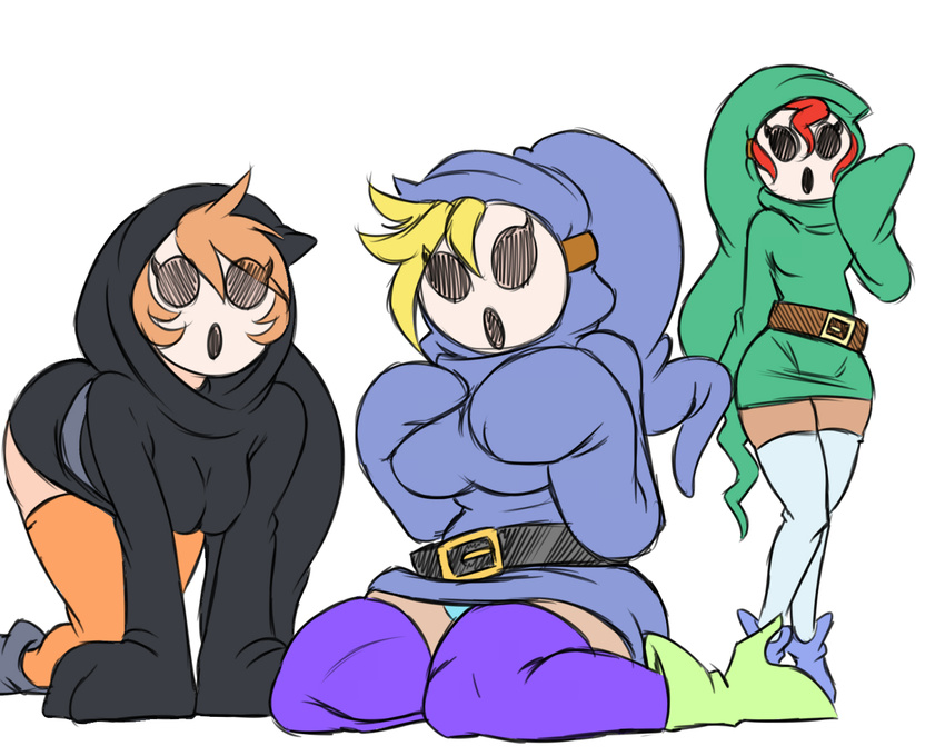 2015 :o all_fours belt big_breasts breasts clothed clothing female footwear group hood humanoid kneeling legwear looking_at_viewer mario_bros mask nintendo not_furry open_mouth plagueofgripes shoes shygirl simple_background standing thigh_highs upskirt video_games white_background