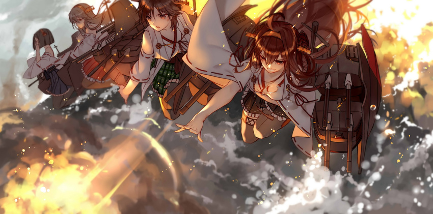 :d ahoge bare_shoulders black_hair black_legwear black_skirt brown_eyes brown_hair collarbone detached_sleeves double_bun green_skirt hairband haruna_(kantai_collection) headgear hiei_(kantai_collection) highres japanese_clothes joseph_lee kantai_collection kirishima_(kantai_collection) kongou_(kantai_collection) long_hair machinery multiple_girls nontraditional_miko ocean open_mouth plaid plaid_skirt pleated_skirt red_skirt ribbon-trimmed_sleeves ribbon_trim serious short_hair skirt smile thighhighs turret v-shaped_eyebrows wide_sleeves