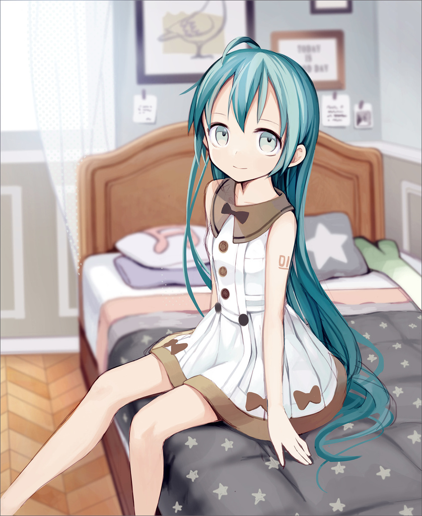 ahoge alternate_costume aqua_eyes aqua_hair arms_at_sides beamed_sixteenth_notes bed bedroom bow buttons curtains dress feet_out_of_frame hair_down hatsune_miku highres indoors kari_kenji light_smile long_hair looking_at_viewer musical_note note number_tattoo on_bed picture_frame pillow print_pillow short_dress sitting sleeveless sleeveless_dress solo spring_onion star star_print tattoo very_long_hair vocaloid white_dress