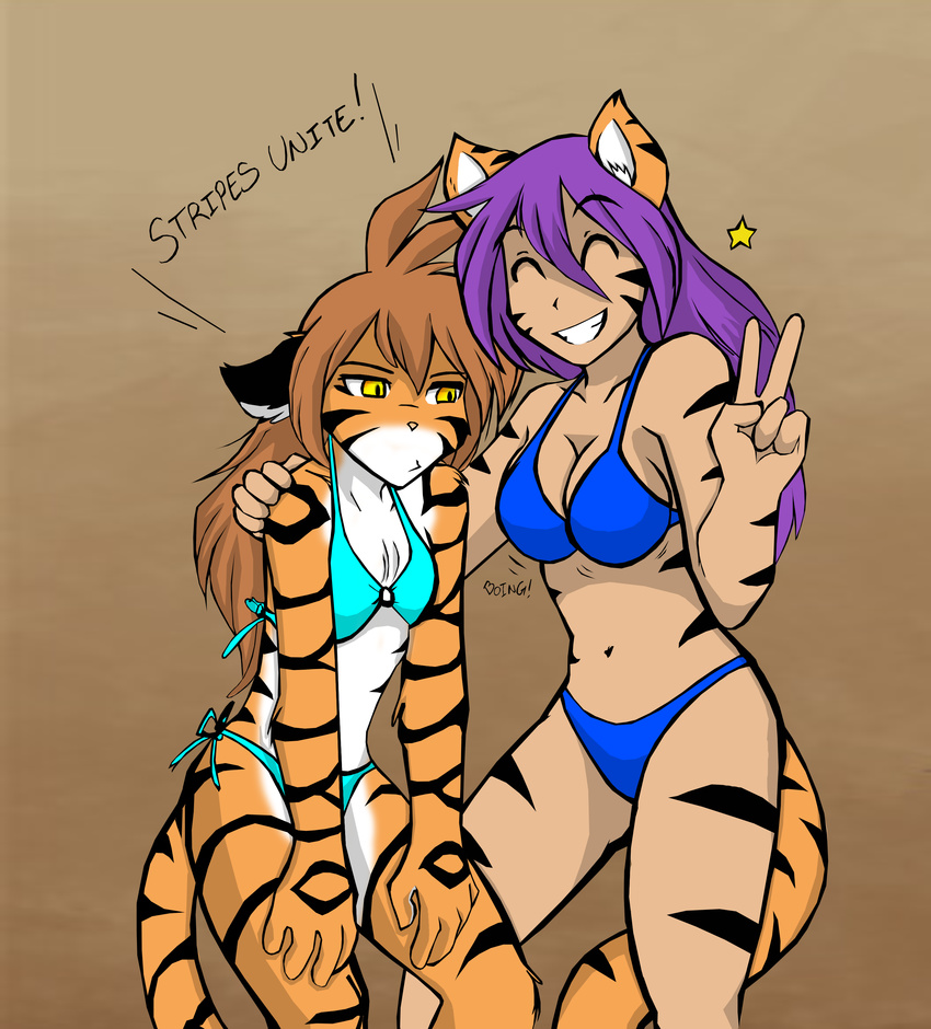 absurd_res animal_humanoid anthro big_breasts bikini breast_envy breast_size_difference breasts cat_humanoid clothed clothing duo english_text eyes_closed facial_markings feline female flora_(twokinds) fur grin hair hi_res human humanoid kate_summers keidran long_hair mammal markings panties small_breasts smile standing stripes swimsuit text tiger tom_fischbach twokinds underwear webcomic yosh!_comics