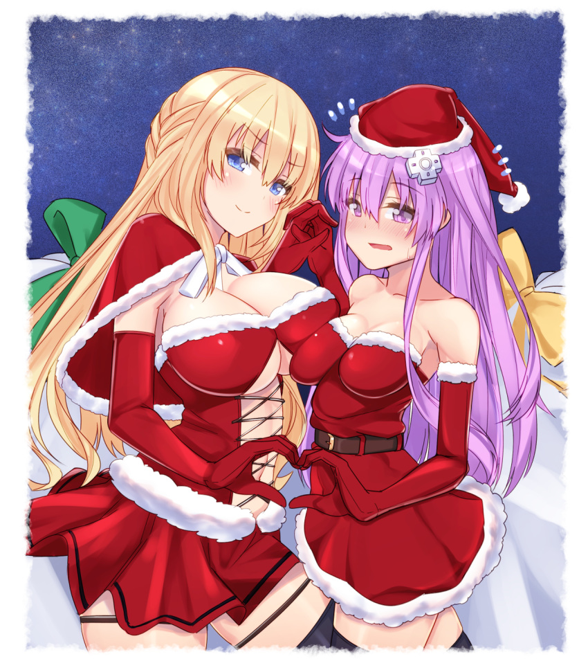 2girls bare_shoulders belt black_legwear blonde_hair blue_eyes blush breast_press breasts capelet christmas cleavage closed_mouth collarbone cross-laced_clothes cross-laced_dress d-pad d-pad_hair_ornament dress dura eyebrows_visible_through_hair eyes_visible_through_hair female fur-trimmed_capelet fur-trimmed_dress fur-trimmed_gloves fur-trimmed_hat fur_trim gloves hair_between_eyes hair_ornament hand_holding hat head_tilt heart heart_hands heart_hands_duo highres interlocked_fingers large_breasts lavender_eyes lavender_hair long_hair looking_at_viewer multiple_girls navel neck nepgear neptune_(series) open_mouth red_capelet red_dress red_gloves red_hat sack santa_costume santa_hat short_dress sidelocks smile standing strapless strapless_dress thighhighs underboob vert very_long_hair