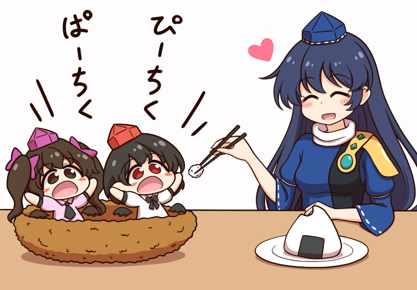 3girls armor bird_nest black_bow black_bowtie black_hair black_wings blue_dress blue_hair blue_hat blush blush_stickers bow bowtie brown_eyes brown_hair chibi chopsticks closed_eyes commentary_request dress feeding food hat heart highres himekaidou_hatate holding holding_chopsticks iizunamaru_megumu long_hair long_sleeves multiple_girls onigiri open_mouth pauldrons pink_hat pink_shirt plate red_eyes ribbon-trimmed_sleeves ribbon_trim shameimaru_aya shirt shitacemayo shoulder_armor shoulder_guard simple_background single_pauldron smile tokin_hat touhou translation_request twintails white_background white_shirt wide_sleeves wings