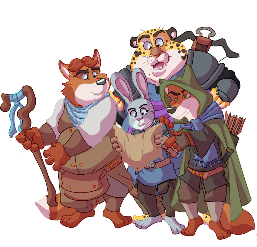 alandcapon anthro armor arrow belt benjamin_clawhauser bow_(weapon) canine cheetah cloak clothing crossbow digital_media_(artwork) disney dungeons_&amp;_dragons duo feline female fox fur gideon_grey hi_res holding_object holding_weapon judy_hopps lagomorph larp male mammal map medieval melee_weapon nick_wilde pink_nose rabbit ranged_weapon staff sword toony weapon zootopia