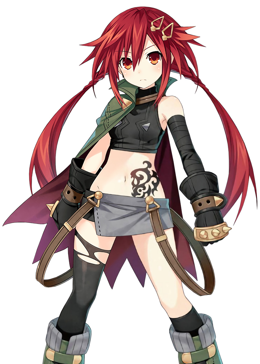 asymmetrical_legwear bandages bangs black_legwear boots breasts cape crop_top eyebrows_visible_through_hair four_goddesses_online:_cyber_dimension_neptune gloves hair_ornament hairclip highres knee_boots long_hair looking_at_viewer midriff miniskirt navel neptune_(series) official_art orange_eyes red_hair serious skirt sleeveless small_breasts solo spiked_knuckles standing suspenders tattoo tennouboshi_uzume thighhighs torn_clothes torn_legwear transparent_background tsunako twintails waifu2x