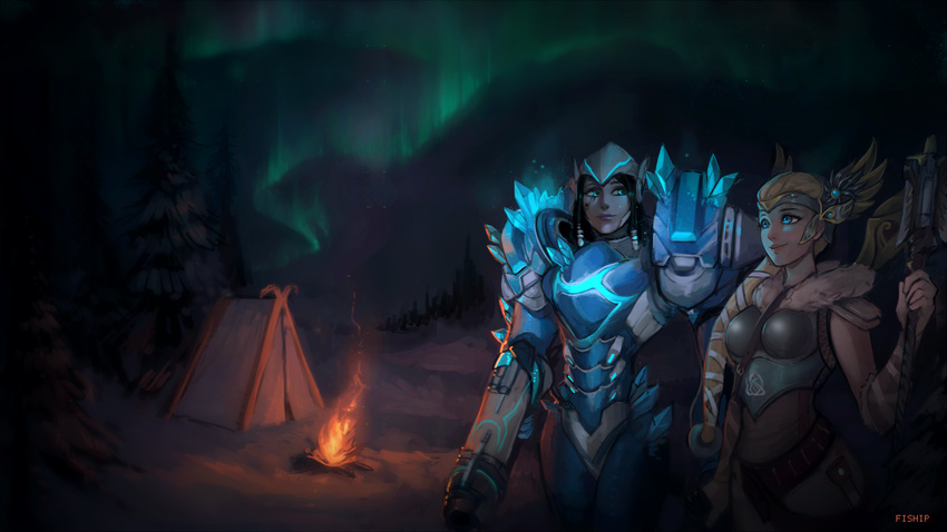 alternate_costume alternate_hairstyle armor armpits artist_name aurora belt blonde_hair blue_eyes bodysuit boobplate bracer braid breastplate brown_eyes brown_hair campfire camping cowboy_shot eye_of_horus facial_mark facial_tattoo forehead_protector frostbite_pharah fur_collar glowing hair_tubes head_wings highres holding holding_staff lips long_hair looking_afar looking_at_another making_of matilda_vin mechanical_wings mercy_(overwatch) multiple_girls night outdoors overwatch pharah_(overwatch) pine_tree pink_lips power_armor sideways_glance signature smile staff strap tattoo tent tree valkyrie_mercy wings