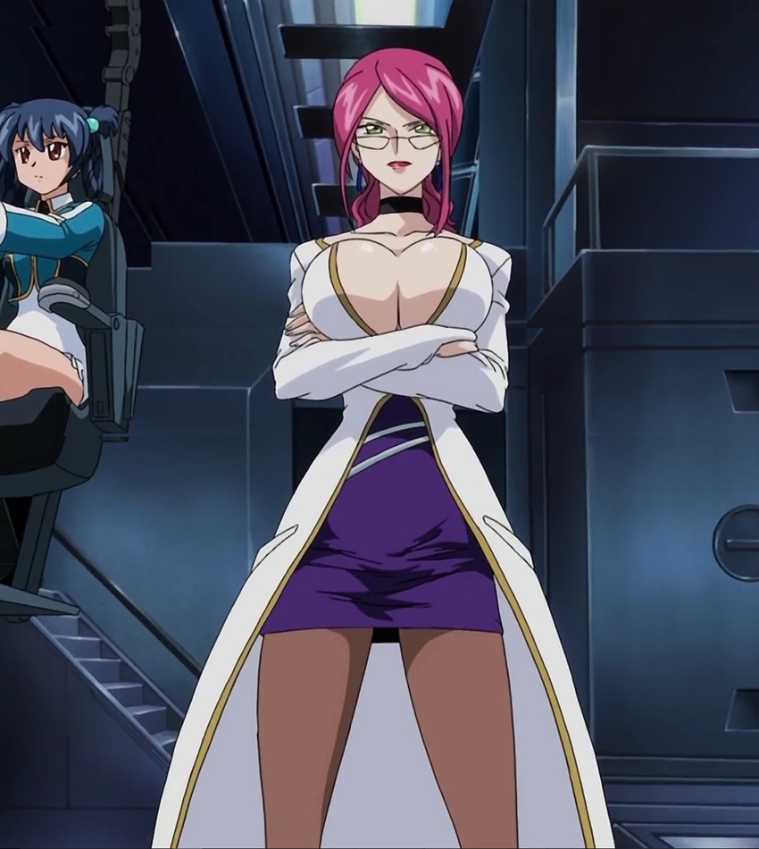 00s 2girls aoi_kiriko bare_legs blue_hair breasts choker cleavage female glasses hair_ornament huge_breasts large_breasts long_hair multiple_girls red_hair sasagure_konami screencap screenshot shinkon_gattai_godannar!! shiny_skin short_hair sitting skirt smile standing thighhighs uniform yellow_eyes