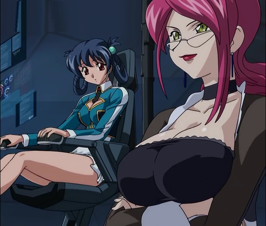 00s 2girls aoi_kiriko bare_legs blue_hair breasts choker cleavage female glasses hair_ornament huge_breasts large_breasts long_hair multiple_girls nipples red_hair sasagure_konami screencap screenshot shinkon_gattai_godannar!! shiny_skin short_hair sitting skirt smile thighhighs uniform yellow_eyes