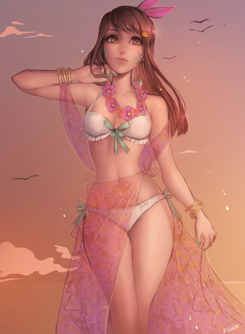 absurdres arm_at_side arm_up artist_name bangle bikini bird bracelet breasts brown_eyes brown_hair cloud collarbone cowboy_shot d.va_(overwatch) floral_print frilled_bikini_top frills front-tie_bikini front-tie_top green_nails hair_flip hair_ornament hair_ribbon hairclip hand_on_own_cheek highres jewelry lei lips looking_at_viewer making_of matilda_vin nail_polish navel orange_sky outdoors overwatch pink_lips ribbon sarong see-through side-tie_bikini signature sky small_breasts solo swimsuit twilight whisker_markings white_bikini
