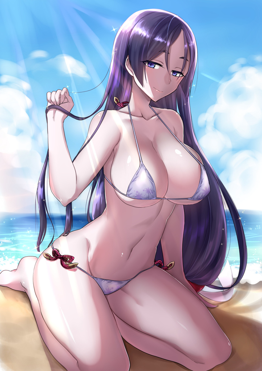 bare_arms bare_legs bare_shoulders barefoot beach bikini blush breasts cleavage closed_mouth collarbone commentary_request day fate/grand_order fate_(series) groin halter_top halterneck highres horizon large_breasts long_hair looking_at_viewer minamoto_no_raikou_(fate/grand_order) minatasiro navel ocean outdoors purple_eyes purple_hair sitting smile solo stomach sunlight swimsuit very_long_hair white_bikini