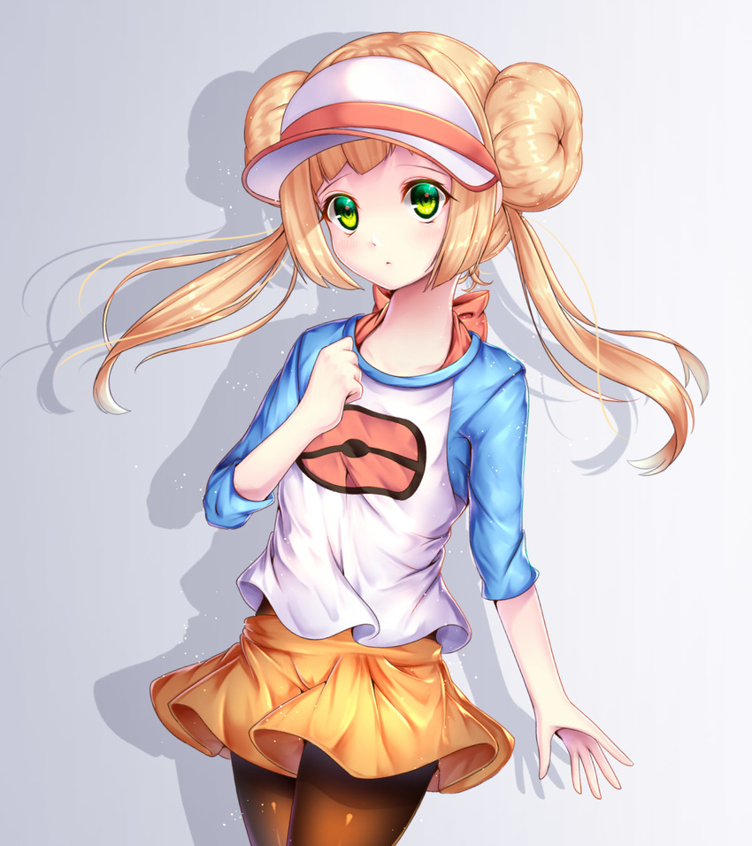 bangs black_legwear blonde_hair blunt_bangs blush bow chiyu_(kumataro0x0) clenched_hand closed_mouth commentary_request cosplay cowboy_shot double_bun flat_chest gradient gradient_background hand_on_own_chest highres legwear_under_shorts light_particles lillie_(pokemon) long_hair long_sleeves looking_at_viewer mei_(pokemon) mei_(pokemon)_(cosplay) pantyhose pink_bow poke_ball_print pokemon pokemon_(game) pokemon_bw2 pokemon_sm raglan_sleeves shadow shirt short_shorts shorts sidelocks solo standing tareme twintails two-tone_background visor_cap white_cap yellow_shorts