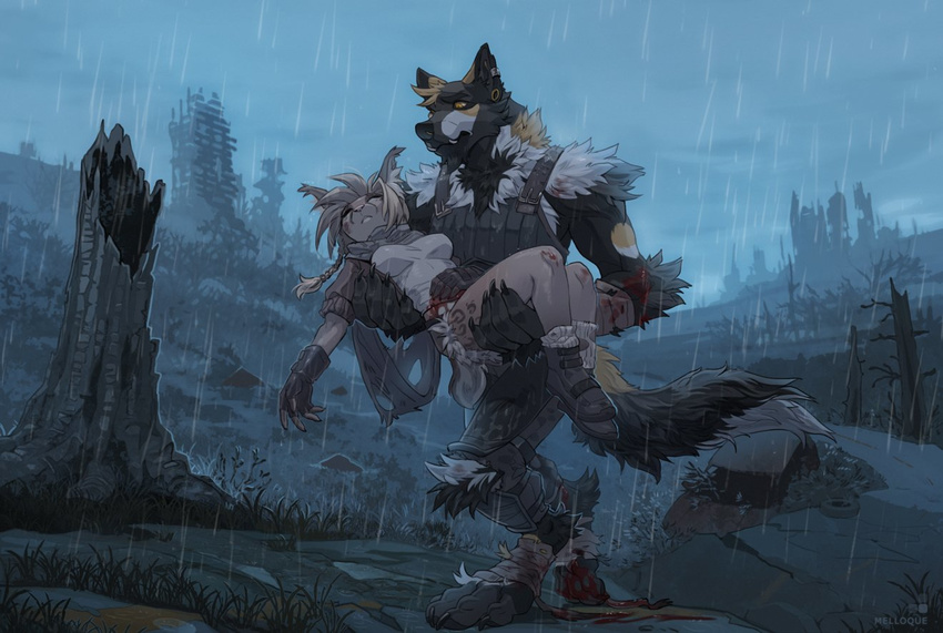 4_toes anthro black_nose blonde_hair blood breasts canine digitigrade dog duo ear_piercing eyes_closed feline female hair male mammal melloque ouside piercing raining tanding toes