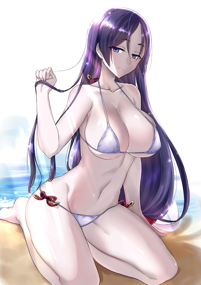 bare_arms bare_legs bare_shoulders barefoot beach bikini blush breasts cleavage closed_mouth collarbone commentary_request day fate/grand_order fate_(series) groin halter_top halterneck highres horizon large_breasts long_hair looking_at_viewer minamoto_no_raikou_(fate/grand_order) minatasiro navel ocean outdoors purple_eyes purple_hair sitting smile solo stomach sunlight swimsuit very_long_hair white_bikini