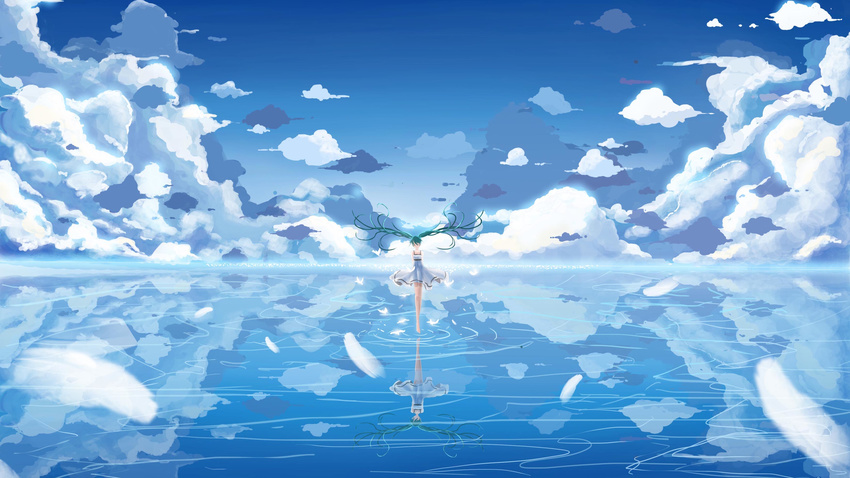 absurdres arms_behind_back bare_legs barefoot blue blue_sky closed_eyes cloud cloudy_sky day dress feathers floating_hair green_hair hatsune_miku highres horizon long_hair reflection ripples scenery see-through see-through_silhouette sky solo standing tenko twintails very_long_hair vocaloid water white_dress