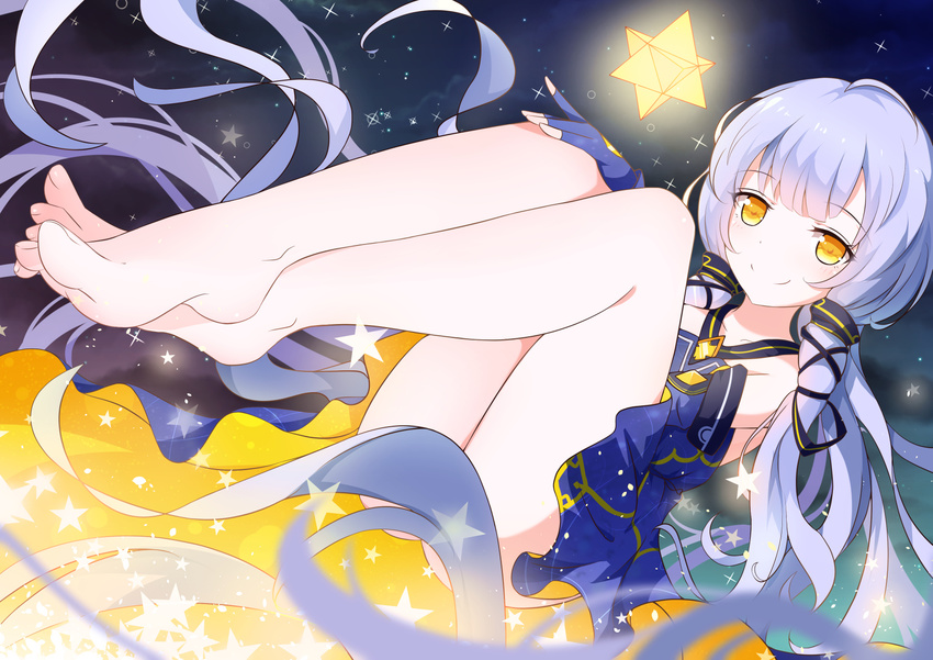 bare_legs bare_shoulders barefoot blue_dress collarbone crossed_ankles dress feet fingerless_gloves gloves hair_ornament highres long_hair long_legs looking_at_viewer no_legwear purple_hair ribbon smile solo star star_(sky) stellated_octahedron toes very_long_hair vocaloid xiao_ren xingchen yellow_eyes