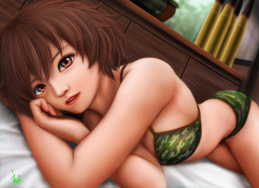 akiyama_yukari bikini blurry breasts brown_eyes brown_hair camouflage camouflage_bikini depth_of_field ebi_(eeotoko) girls_und_panzer groin highres looking_at_viewer lying medium_breasts model_tank on_side parted_lips red_eyes solo swimsuit tank_shell thighs window