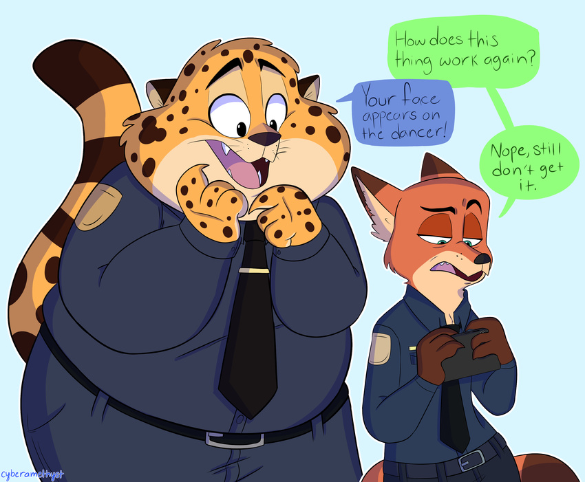 2016 anthro benjamin_clawhauser canine cellphone cheetah cyberamethyst dialogue disney duo feline fox fur half-length_portrait holding_object inner_ear_fluff male mammal nick_wilde phone portrait simple_background size_difference spots spotted_fur zootopia