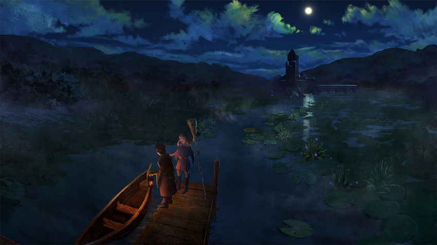 1girl blonde_hair blue_eyes blue_skirt boat boots broom full_moon holding holding_broom holding_lantern kai_sei lantern looking_at_another looking_away looking_down medium_hair moon night night_sky original parted_lips pier scenery skirt sky smile tower twintails watercraft