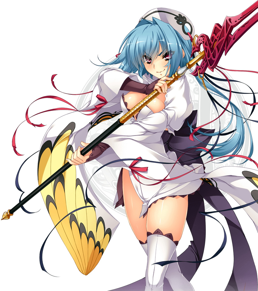 bangs blue_hair breasts chouun cleavage eyebrows_visible_through_hair hair_between_eyes hat highres holding holding_weapon japanese_clothes katagiri_hinata koihime_musou large_breasts looking_at_viewer medium_breasts obi polearm purple_eyes ribbon sash short_hair simple_background smile solo spear thighhighs weapon white_legwear wide_sleeves zettai_ryouiki