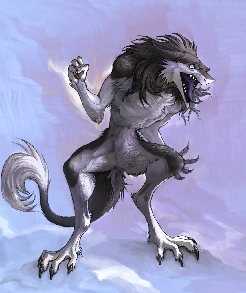 2019 4_fingers angry anthro backround claws daemon_amadare feliandris fingers fist fur male muscular nude screaming sergal skinny standing teeths tongue tongue_out