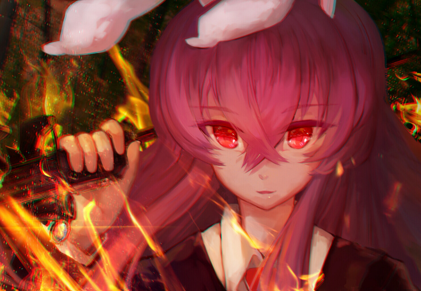 animal_ears bunny_ears bunny_girl chromatic_aberration eyebrows_visible_through_hair gun holding holding_gun holding_weapon imperishable_night long_hair looking_at_viewer parted_lips purple_hair red_eyes reisen_udongein_inaba rhachen smile solo touhou weapon