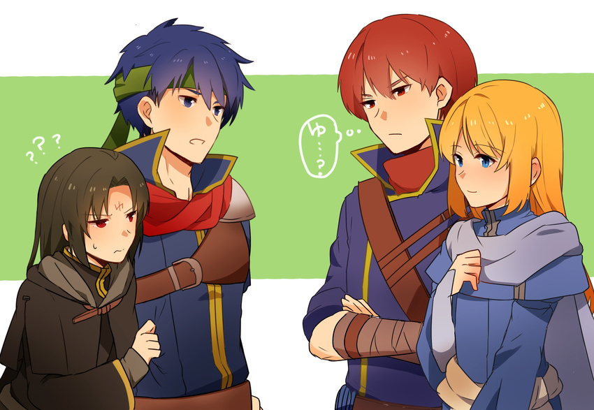 black_hair blonde_hair blue_eyes blue_hair blush cape fire_emblem fire_emblem:_akatsuki_no_megami fire_emblem:_rekka_no_ken fire_emblem:_souen_no_kiseki fire_emblem_heroes head_on_shoulder headband highres ike long_hair lucius multiple_boys open_mouth raven_(fire_emblem) red_eyes red_hair short_hair simple_background smile soren