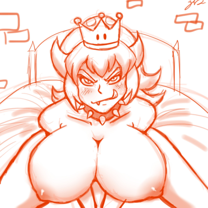 animal_humanoid areola bed big_breasts blush bowser bowsette_meme breasts collar crossgender crown digital_media_(artwork) female hair hi_res horn huge_breasts humanoid licking licking_lips line_art long_hair looking_at_viewer mario_bros meme monochrome nintendo nipples nude on_bed sharp_teeth smile solo spiked_collar spikes super_crown teeth tongue tongue_out video_games zp92