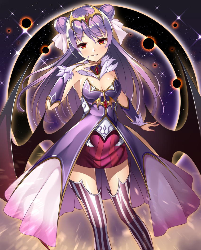 black_wings boots breasts bridal_gauntlets choker cleavage double_bun eyebrows_visible_through_hair floating_hair hair_between_eyes hair_ornament hair_ribbon highres kurogoma_(haruhi3) long_hair looking_at_viewer medium_breasts nail_polish original parted_lips purple_hair purple_nails red_eyes red_skirt ribbon shiny shiny_skin skirt sky smile solo sparkle standing star_(sky) starry_sky strapless striped thigh_boots thighhighs vertical-striped_boots vertical-striped_skirt vertical_stripes very_long_hair white_ribbon wings