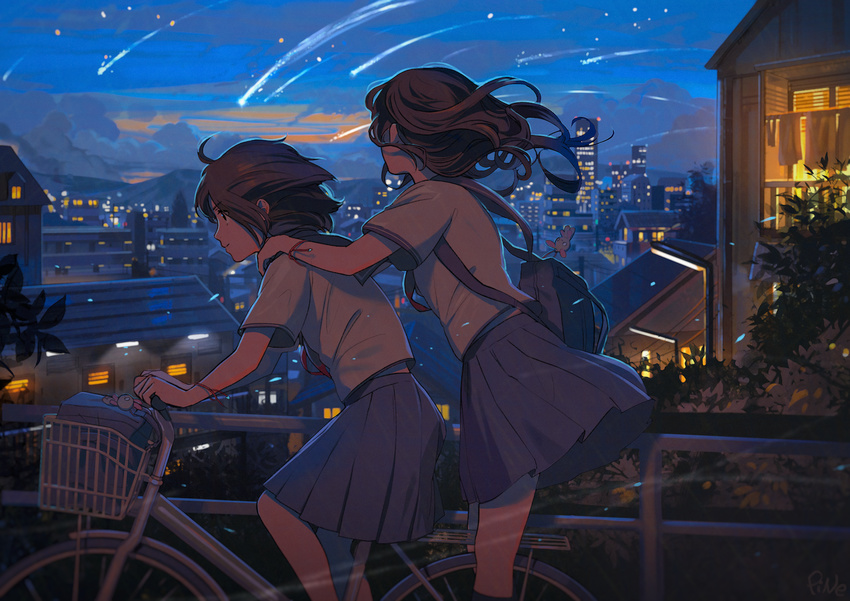 ahoge bag bag_charm bicycle bicycle_basket blouse blue_skirt brown_eyes brown_hair building charm_(object) city city_lights cloud commentary_request facing_away floating_hair from_side ground_vehicle hand_on_another's_shoulder highres house looking_afar looking_away medium_hair meteor_shower multiple_girls multiple_riders neckerchief night night_sky original outdoors pine_(yellowpine112) pleated_skirt profile railing red_neckwear ribbon riding school_bag school_uniform serafuku shooting_star short_hair short_sleeves skirt sky smile standing star_(sky) wind wind_lift wrist_ribbon